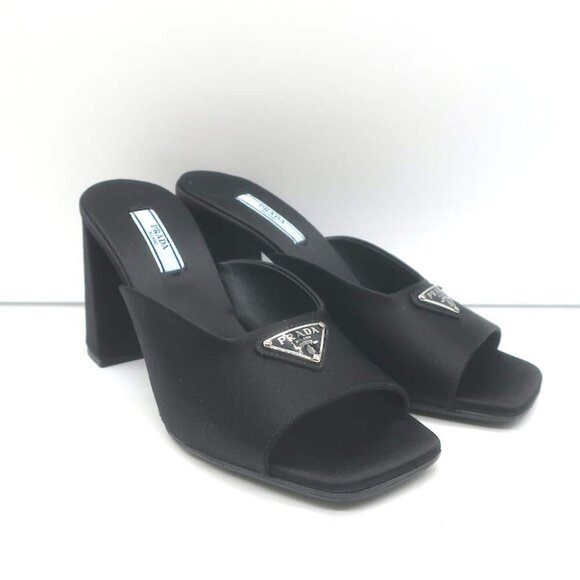 Prada Triangle Logo Sandals Black Satin Size 37 High Heel Slides - Picture 1 of 11